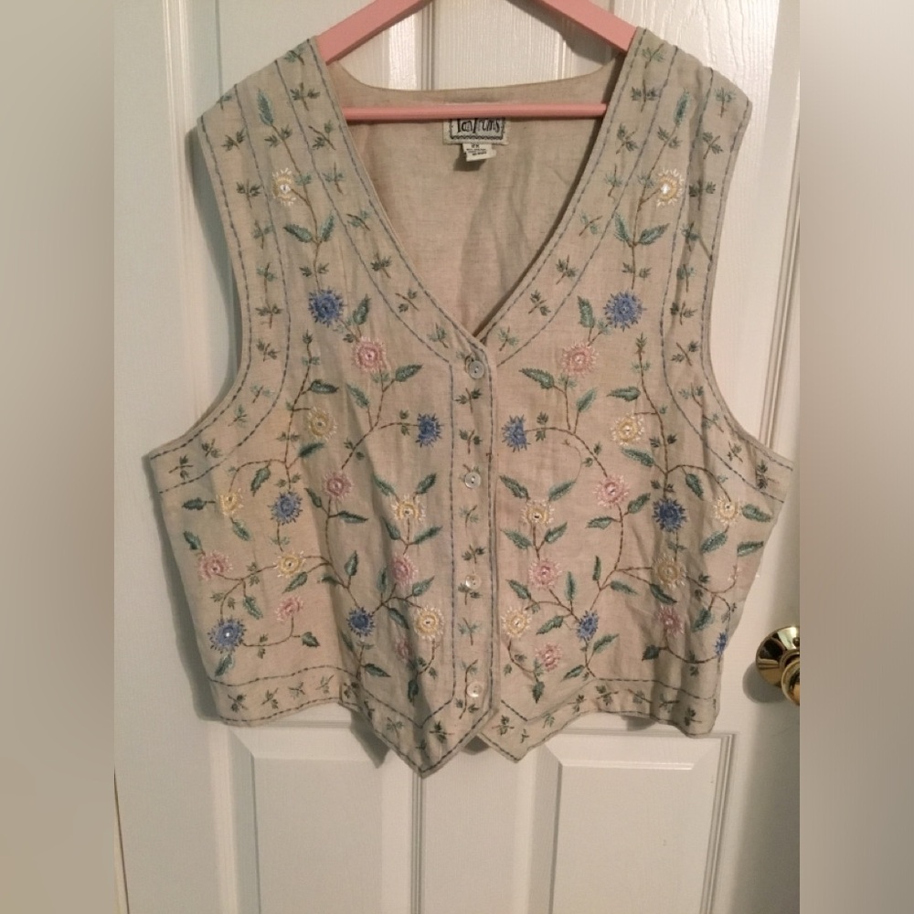 Tantrums Embroidered Floral Vest, 2X Cotton Linen Blend